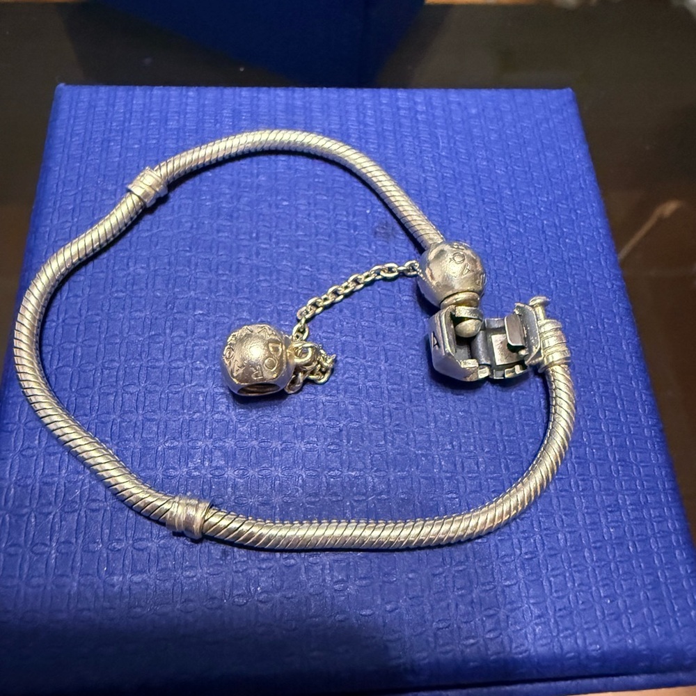 Pandora Silver Snake Chain Bracelet with Safety Charm